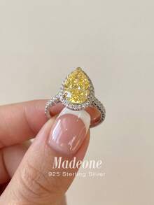 MADEONE 1枚925纯银黄色水滴形立方氧化锆戒指，适合女士日常佩戴和派对配饰，高品质女士戒指，精致珠宝礼品 - 水滴滿鑽鋯石戒指 - 查看 5