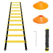 Agility-Leiter-Set für Fußballtraining – inkl. 6m Leiter, 6 Markierungsscheiben, 4 Bodenankern & 6 gelben Hürden – verbessert Schnelligkeit, Koordination & Beinarbeit. Ideal für Fußball, Tennis, Boxen, Fitnesstraining oder Warm-ups im Verein – nutzbar auf Rasen, Hartplatz oder zu Hause. - A - Übersicht 6