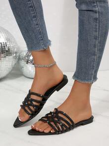 Sandalias planas cómodas para mujer con puntera abierta y puntiaguda, con cristal de estilo minimalista y de moda casual - Negro - Ver 3