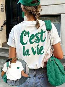 Women's White "C'est La Vie" Graphic Print Loose Fit Polyester Casual T-Shirt Summer - White - View 1