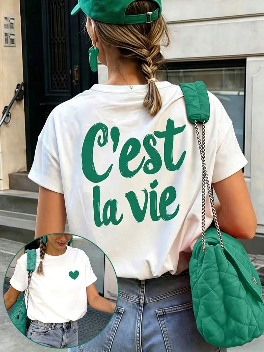 Women's White "C'est La Vie" Graphic Print Loose Fit Polyester Casual T-Shirt Summer - White - View 1