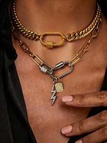 1 pieza Collar con colgante de letra para mujer, con características que incluyen: colgante con letra, tornillo oval retorcido, tornillos ovales de diferentes tamaños y colgante de relámpago plateado. Los tonos contrastantes de oro y plata crean un diseño llamativo, que muestra personalización. Adecuado para fiestas y uso diario, también es una excelente opción de regalo. - Dorado - Ver 2