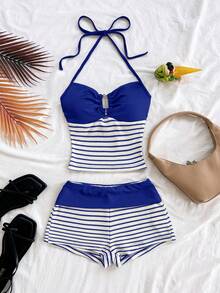 Conjunto de Regata de Malha Casual e Shorts Listrados Feminino, Conjunto de 2 Peças Elegante e na Moda, Adequado para Uso na Praia no Verão, Feito de Tecido de Malha Levemente Elástico para Uso Confortável - Azul - Visão 8