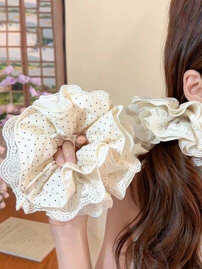 1 st spets prickig spets scrunchie, ny hårknyte med hästsvans, mjuk blommig spetsdekoration med låg hästsvans, koreansk prickig spets scrunchie, scrunchie för kvinnor, söt hårknyte med hästsvans, exklusivt hårtillbehör