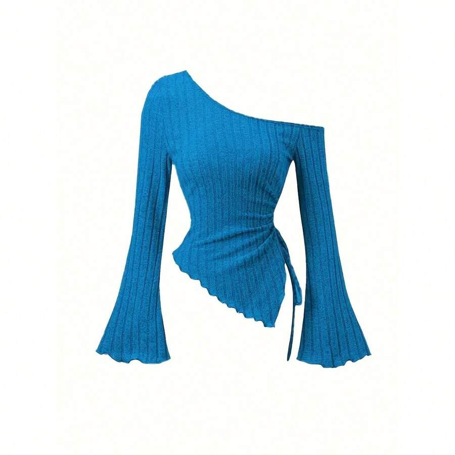 Nueva camiseta elegante asimétrica de estilo callejero informal ajustada de manga larga cruzada con hombros descubiertos para mujer top de manga trompeta - Azul - Ver 1