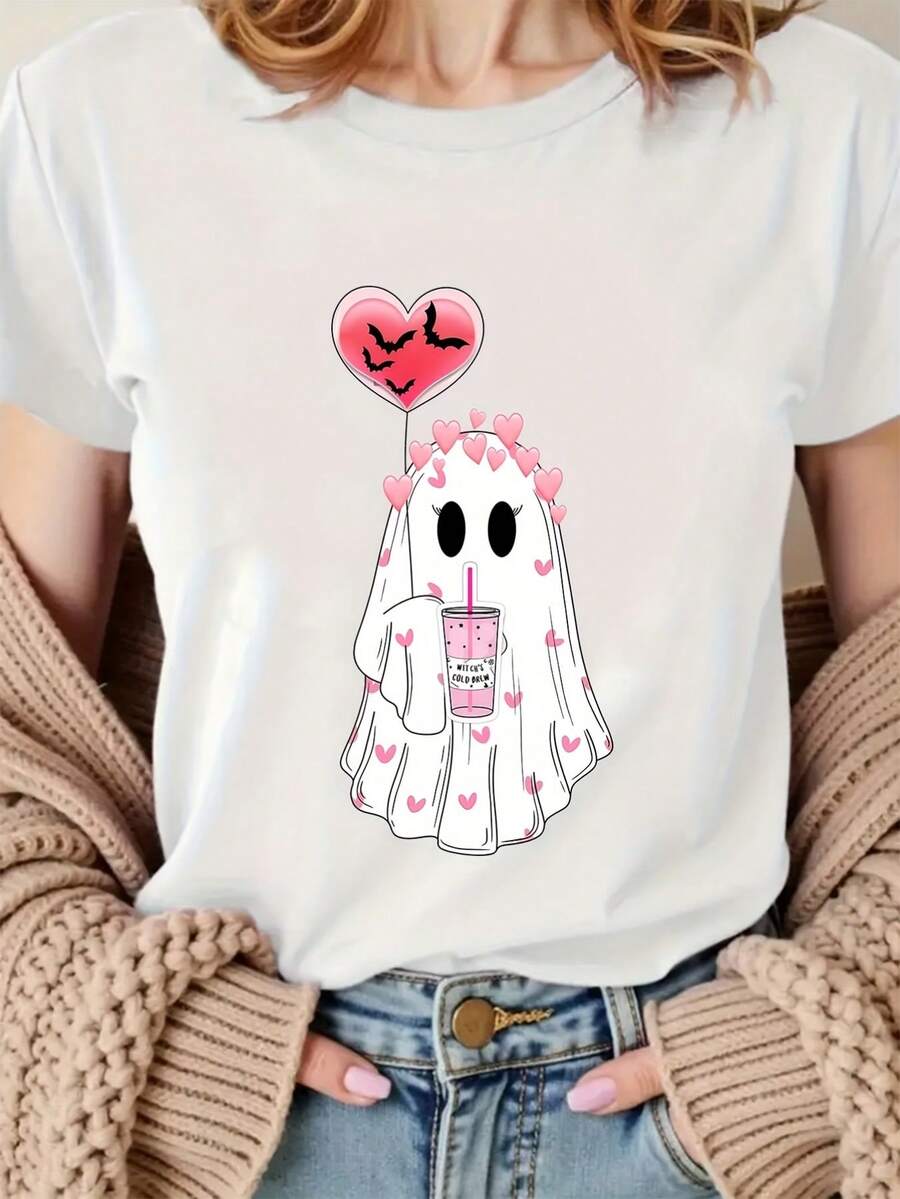 Cute Ghost Hand Balloon Love And Drink Playful Print Design Style [Recommended] Round Neck Short Sleeve Fashion Sports Casual T-Shirt Women's Short Sleeve T-Shirt Local Community Stores In Stock Quick Release Soft Cotton Comfort With A Discount Suitable For Easter, Halloween, Thanksgiving And More - 白色 - 查看 1