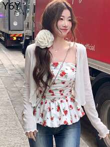 [Y6Y] Áo khoác cardigan dài tay dệt kim dáng ngắn cho nữ, nhẹ và co giãn, thích hợp để mặc nhiều lớp với áo hai dây khi đi nghỉ mát. - trắng - Xem 4