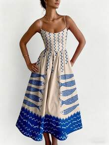 2026 Spring New Women's Clothing, Cross-Border European And American Dress, Sexy Waist-Cinching Pleated Solid Color Large Hem Strap Dress - 藍色大魚 - 查看 11