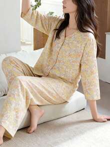 2 piezas Conjunto de pijama de cárdigan con estampado floral para mujer, top de manga corta y pantalón 3/4, ropa de casa suave para primavera/verano - Mostaza Amarilla - Ver 1