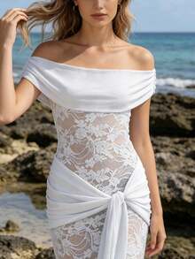 Vestido Largo Mujer de Encaje Hombros Descubiertos o Strapless con Nudo Ajustado Elegante Formal Fiesta Noche - Blanco - Ver 4