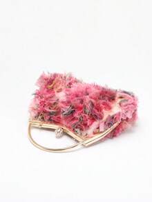 1pc Handmade 3D Colorful Mesh Embroidered Rhinestone Clasp Clutch Bag, Elegant Lady's Evening Handbag With Chain Strap For Party, Ball, Wedding (The Floral Fabric Placement May Be Uneven Due To Random Cutting, Which Is Not A Quality Issue. Buyers Who Are Particular Should Consider Carefully Before Purchasing) - Pink - View 9