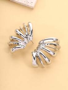 Khuyên tai kim loại sọc bất đối xứng ZAA Vintage dành cho nữ, phụ kiện dự tiệc 2025, được cá nhân hóa theo sở thích. - Bạc - Xem 3
