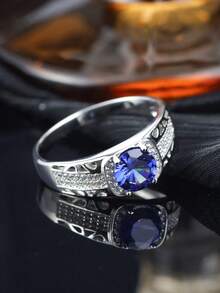 1pc S925 Silver Circular Blue Zirconia Men's Ring, Dignified And Sturdy, Suitable For Formal Events, Commute And Casual Wear, Unique Christmas Gift For Boyfriend - Silver - View 2