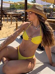2pcs Women's Swimwear - Lemon Yellow Bikini Set With Metal Ring Decor And Ruched Design | Fresh Summer Beach Outfit Vacation - Yellow - View 2