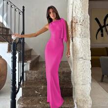 Nueva moda mujer sólido cuello redondo sin mangas Patchwork Sexy ceñido al cuerpo Maxi vestido de graduación ropa de verano para mujer fiesta Festival Club Y2K - rosa roja - Ver 1