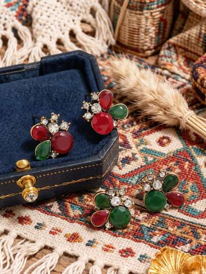 1 Đôi bông tai phong cách cung điện cổ điển Bohemian, bông tai đan thủ công đính nhiều loại đá quý, trang sức nhiều lớp cá nhân hóa, bông tai phong cách nghỉ dưỡng retro cổ điển