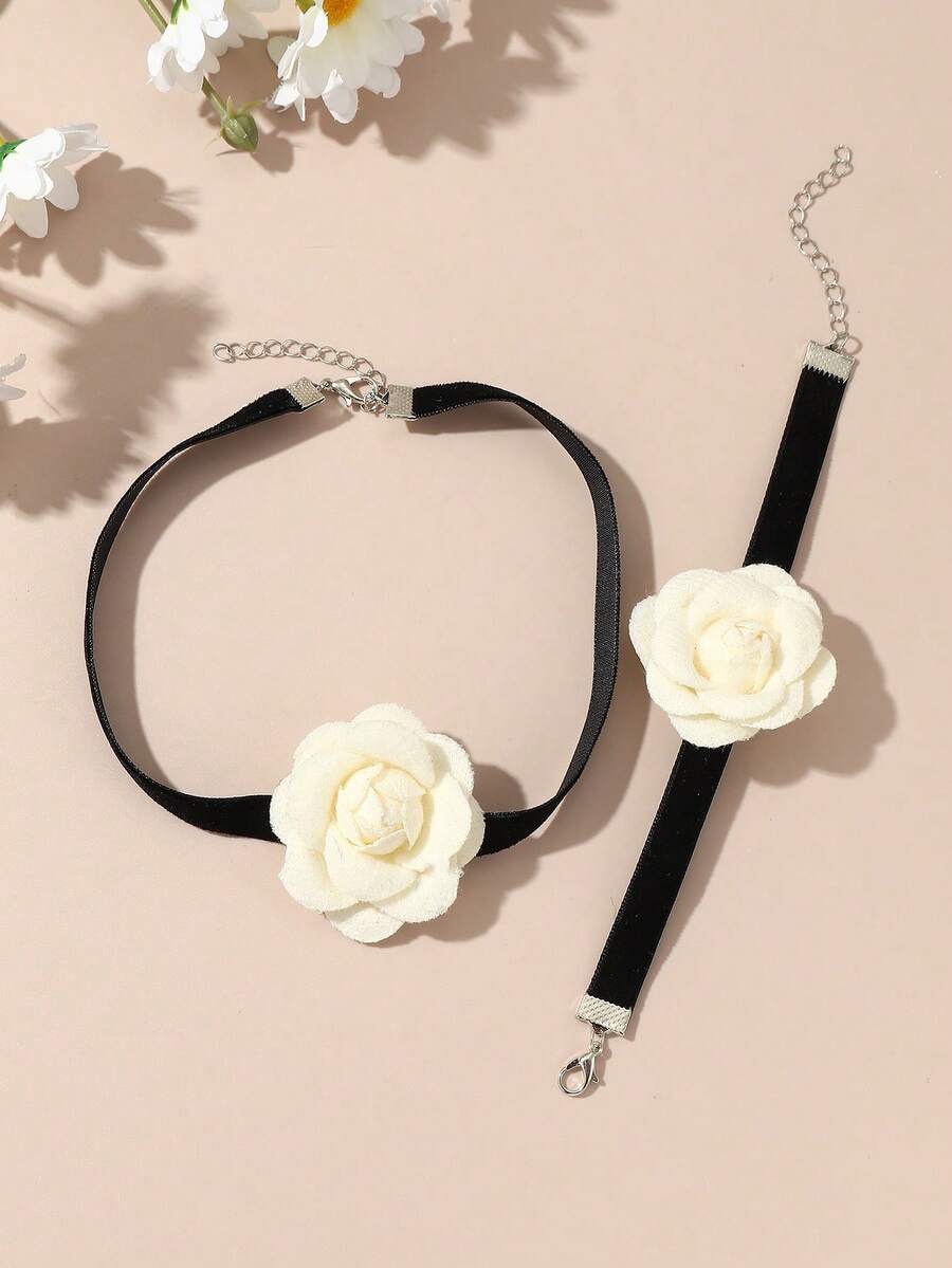 2pcs/Set Girls Flower Necklace And Bracelet Jewelry Set, Suitable For Daily Decoration - White - View 1