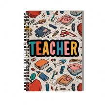 100-Page Cartoon Stationery Pattern Spiral Notebook, "TEACHER" Decorative Cover Text. High-Capacity, Thick And Durable Paper. Suitable For Work Records, Study Notes, Daily Planning, Also An Ideal Gift For Graduation, Birthday And Other Occasions. - I - View 3