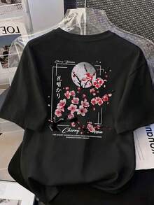 大尺碼女款水洗棉短袖T恤，花卉圖案，雙面印花，復古寬鬆版型，Y2K街頭風，休閒黑色夏季款 - 黑色 - 查看 5