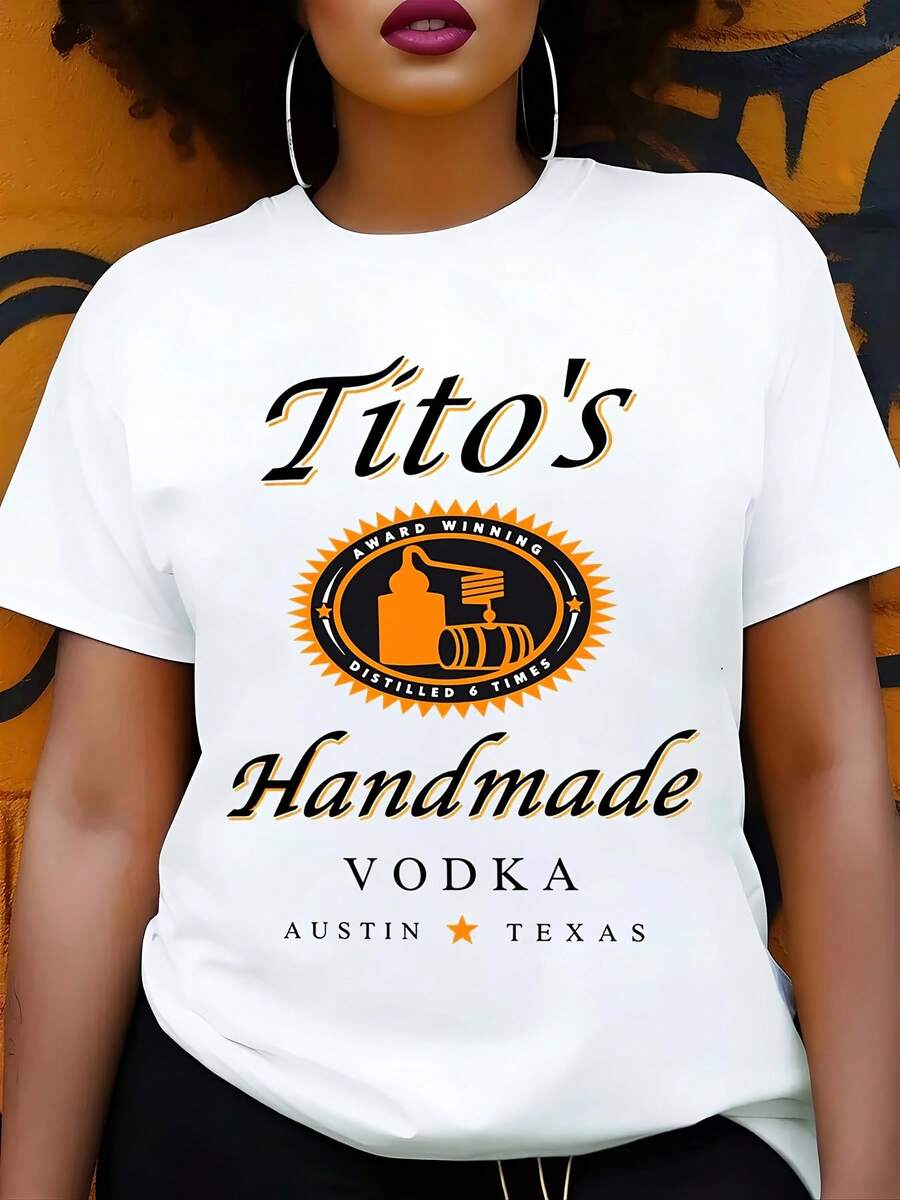 T-Shirt White Tito's Handmade Vodka Logo And Text Design For Casual Wear And Party Outfits - 白色 - 查看 1