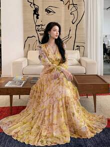 Women's Casual A-Line Maxi Dress, Floral Pattern, V-Neck, Long Sleeve, Layered Ruffle Hem, Fitted Waist, Light Yellow Woven Fabric Elegant Vacation - Light Yellow - View 1