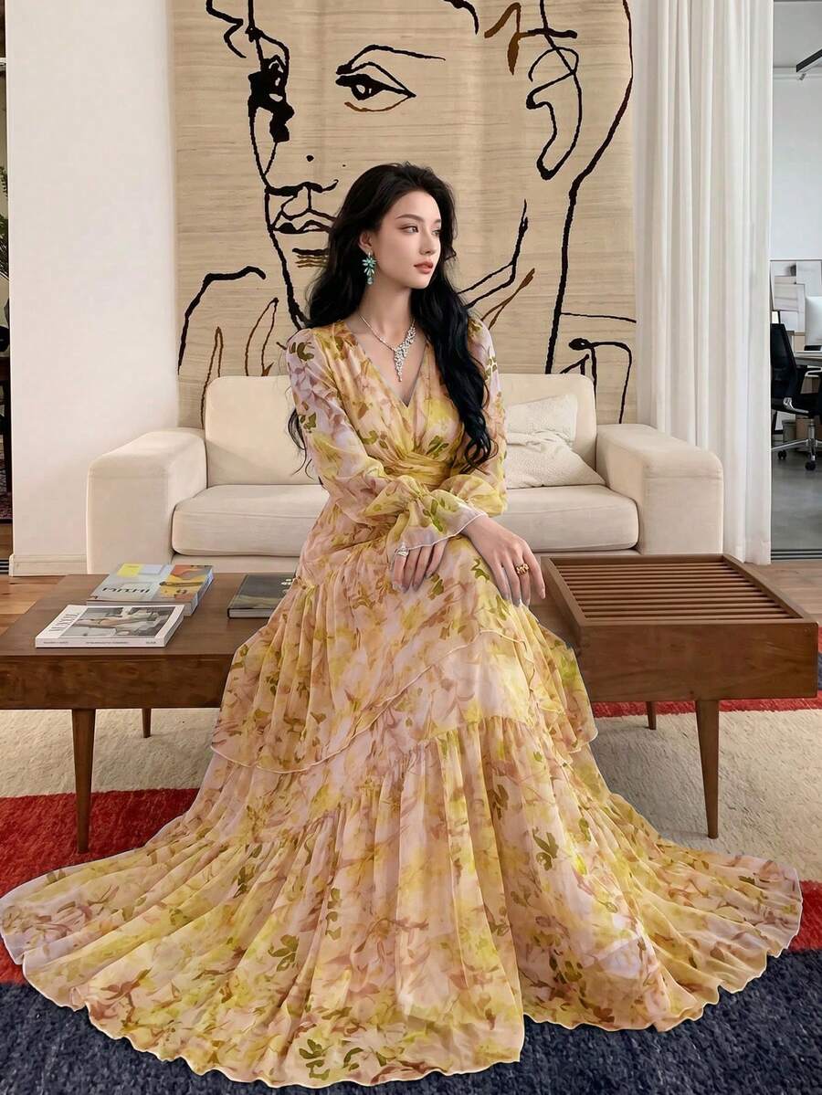 Women's Casual A-Line Maxi Dress, Floral Pattern, V-Neck, Long Sleeve, Layered Ruffle Hem, Fitted Waist, Light Yellow Woven Fabric Elegant Vacation - Light Yellow - View 1