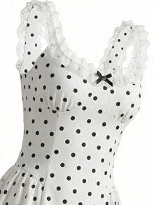 Women's Elegant Polka Dot Print Lace Trim Mini Dress, Women's Graceful Dress, A-Line Waist Party Dress Summer - Apricot - View 8