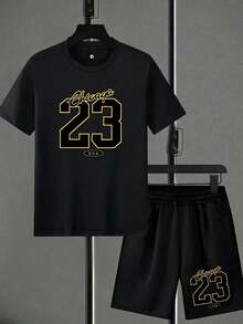 2pcs/Set Men's Printed Casual Round Neck Short Sleeve T-Shirt + Drawstring Shorts, Lightweight Breathable Printed Sportswear For Spring/Summer - Black Top - 查看 4