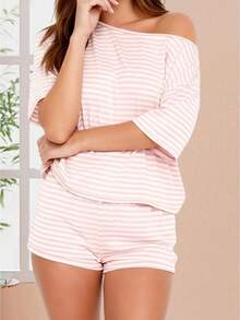 Women Summer Pajama Set Solid Color Off Shoulder Short Sleeve Tops and Mini Shorts 2 Piece Lounge Outfit - Rosa - Ver 1