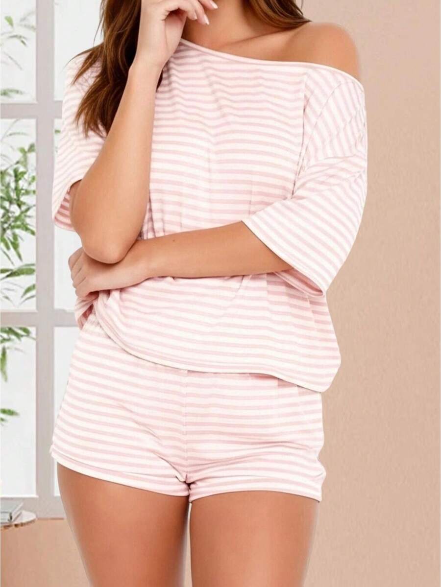 Women Summer Pajama Set Solid Color Off Shoulder Short Sleeve Tops and Mini Shorts 2 Piece Lounge Outfit - Rosa - Ver 1