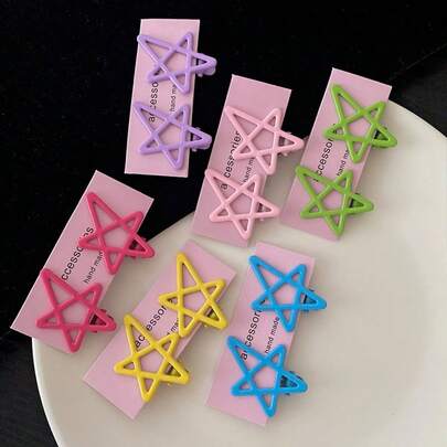 2个糖果色星星发夹，彩色侧刘海爪夹，多巴胺灵感女士发饰