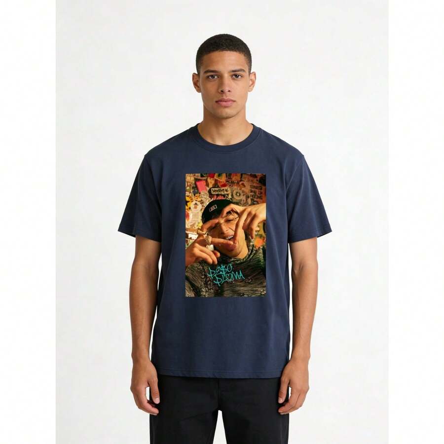 Unisex T-Shirt With Print And Signature - 藏蓝色 - 查看 1