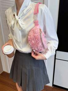 1pc Women's Solid Color 3D Rose Floral Mesh Fanny Pack, Elegant Romantic Large Capacity Chest Waist Bag, Casual Versatile Travel Outdoor Crossbody Belt Bag - 黑色 - 查看 7
