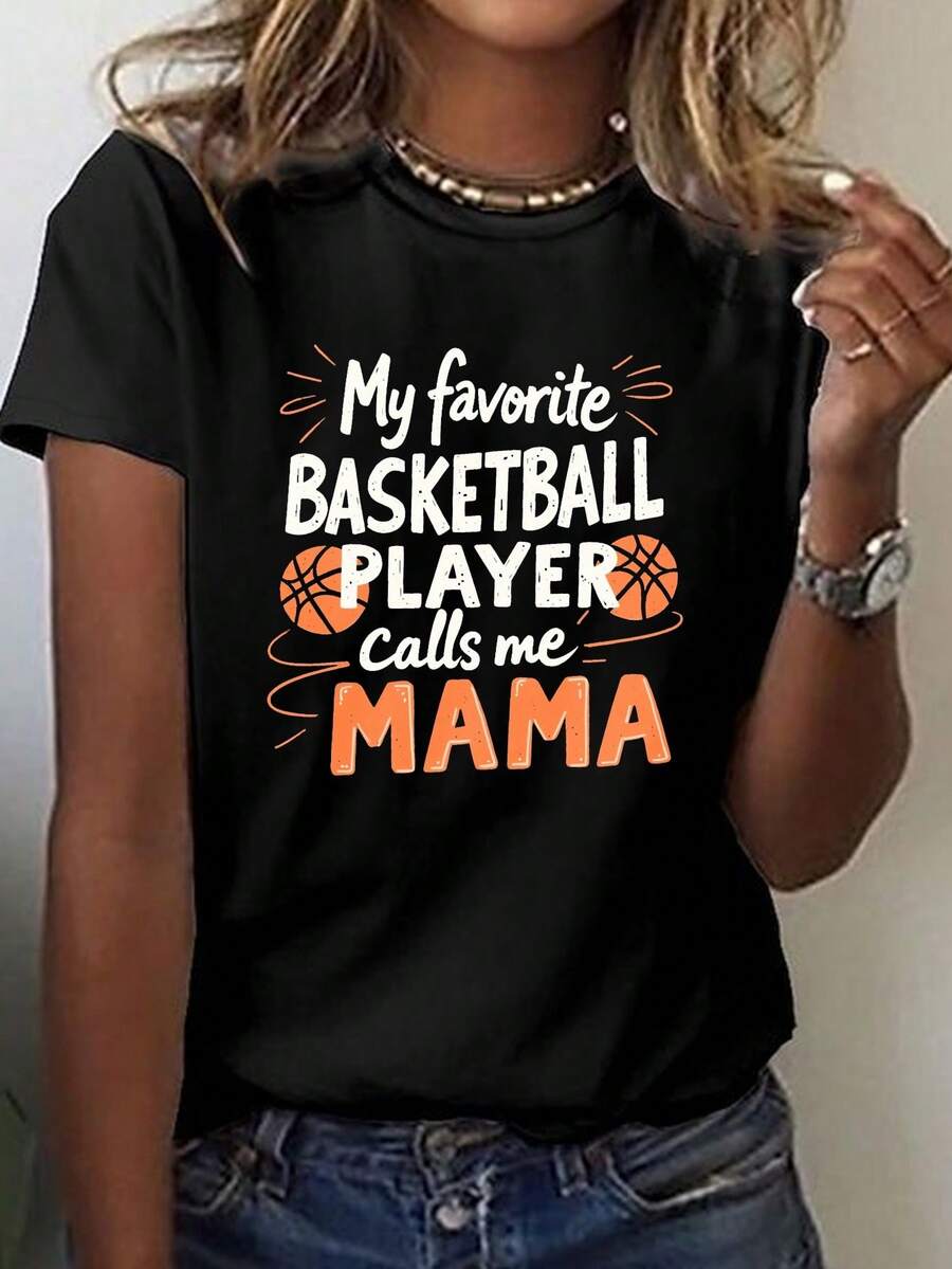 Camiseta de cuello de tripulación de manga corta con diseño de mamá de baloncesto, perfecta para primavera y verano, ropa de mujer