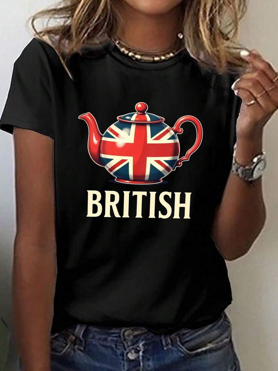 Camiseta de manga corta con diseño de tetera Union Jack británica, perfecta para primavera y verano, diseñada para mujeres