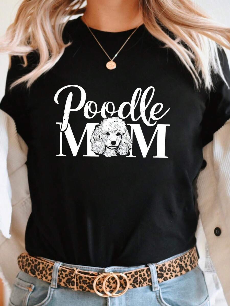 Poodle MOM Imprimir camiseta, manga corta cuello de tripulación top casual para verano y primavera, ropa de mujer
