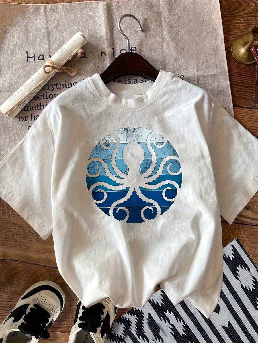 Women's Printed T-Shirt Comfortable Fashion Casual Short Sleeve Round Neck Daily Wear Top - 白色 - 查看 1