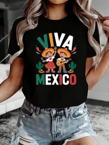 Camiseta con estampado de letra Viva México | Camiseta casual de cuello tripulación de manga corta para primavera/verano, ropa de mujer con elementos folklóricos y diseño de pimienta de cactus - Negro - Ver 2