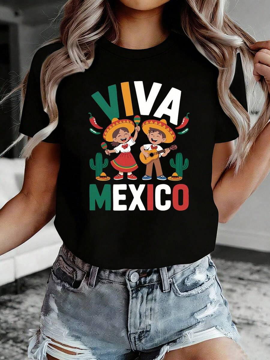 Camiseta con estampado de letra Viva México | Camiseta casual de cuello tripulación de manga corta para primavera/verano, ropa de mujer con elementos folklóricos y diseño de pimienta de cactus