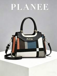 Sac à main rétro à carreaux pour femmes PLANEE, sac fourre-tout de grande capacité, sac à main et sac à épaule double usage, convient pour le travail et l'usage quotidien - Noir - Voir 6
