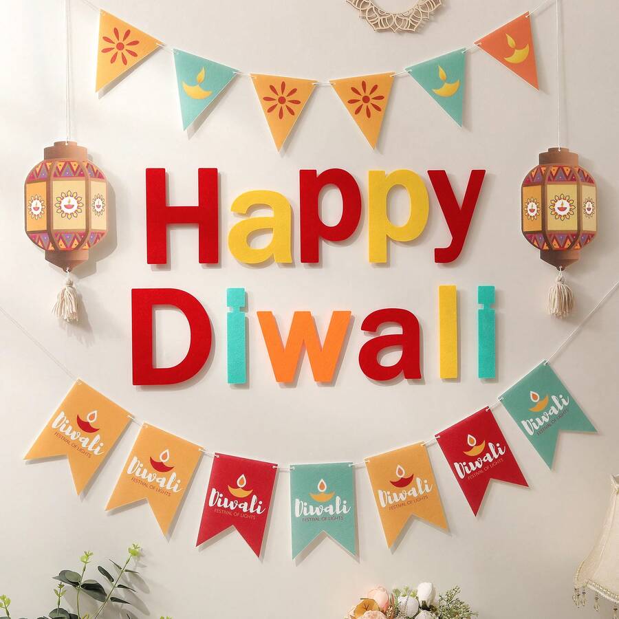 SELAMAT DIWALI! Hiasan Gantung Banner Huruf Felt untuk Pesta Festival - Beraneka warna - View 1