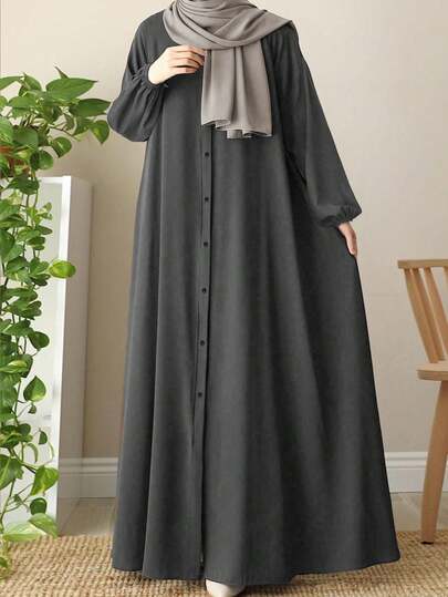 Áo Abaya dài tay phồng màu trơn kiểu Ả Rập thanh lịch, rộng rãi, thoải mái.