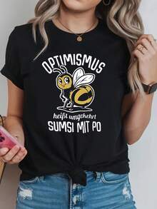 Top femenino manga corta cuello redondo en algodón puro, diseño estampado moderno, tela fresca y aireable, prenda versátil para look casual, ocasiones diarias y encuentros sociales todo el año - Negro - Ver 8