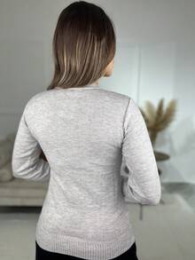 Women's Basic Long-Sleeved V-Neck Knit Sweater For Cold Weather - Grey - View 3