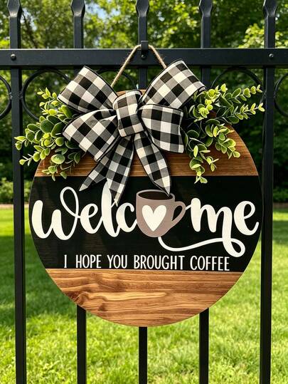 1pc Classic Welcome Door Hanging, Coffee Theme Door Wreath, Front Door Decor, Home Decor, Coffee Decor, Front Door Wreath, Holiday Decorative Door Ornament, Ideal Gift For Coffee Lovers, Suitable For All Year Round And Occasions, Also Can Be Used As Housewarming Gift