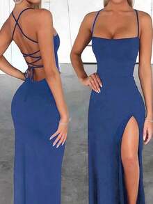 Vestido elegante de unicolor y sexy con espalda descubierta y abertura alta, para fiestas y eventos casuales de verano en color negro - Azul - Ver 9