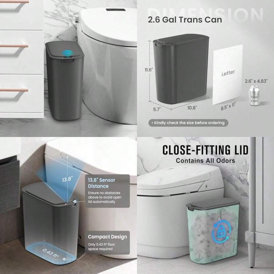 Cesun Bote de basura automático con sensor de movimiento para baño con tapa cubeta de basura sin contacto de 2.6 galones cubeta de basura delgado de plástico inteligente pequeño gris para inodoro - Gris - Ver 1