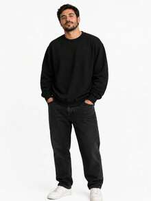 Men's Premium Basic Plain Crew Neck Fleece Sweatshirt - Casual Sporty Unisex - màu đen - Xem 2