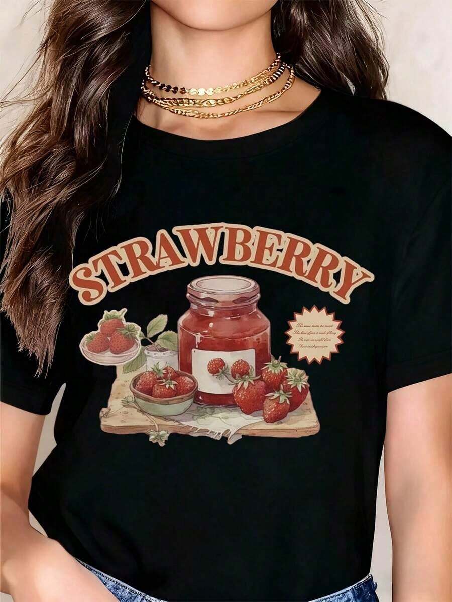 Blusas para mujer. Camiseta de mujer con estampado vintage de Strawberry Jam - Diseño retro de frutas, camiseta gráfica para uso casual de verano. Adecuada para primavera, verano y otoño. - Negro - Ver 1