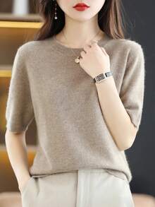 Camiseta de punto de manga corta para mujer, cuello redondo, mezcla de algodón de lana, Jersey, chaleco, Tops de fondo de verano, suéter sólido suave, nuevo - Camello Claro - Ver 1